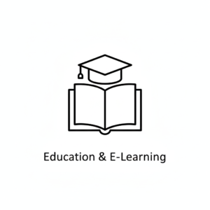 the text 'Healthcare & Pharmaceuticals' in clear dark font below the icon, professional simple style.”  Education & E-Learning