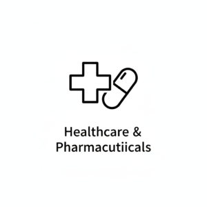 'Technology & IT' in clear dark font below the icon, professional simple style.”  Healthcare & Pharmaceuticals